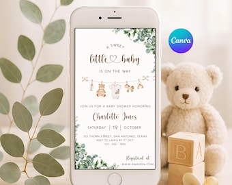 Gender Neutral Baby Shower Invitation – Editable Canva Eucalyptus Mobile Evite