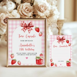 Berry 1st Birthday Time Capsule, Strawberry Time Capsule Card, 1st Birthday Printable Editable Sign, Berry Gingham Pink Theme Party Decor
