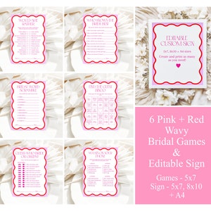 6 Pink And Red Wavy Bridal Shower Games And Sign, Editable Printable Wavy Bridal Games, Wavy Editable Sign, Pink And Red Bridal Games