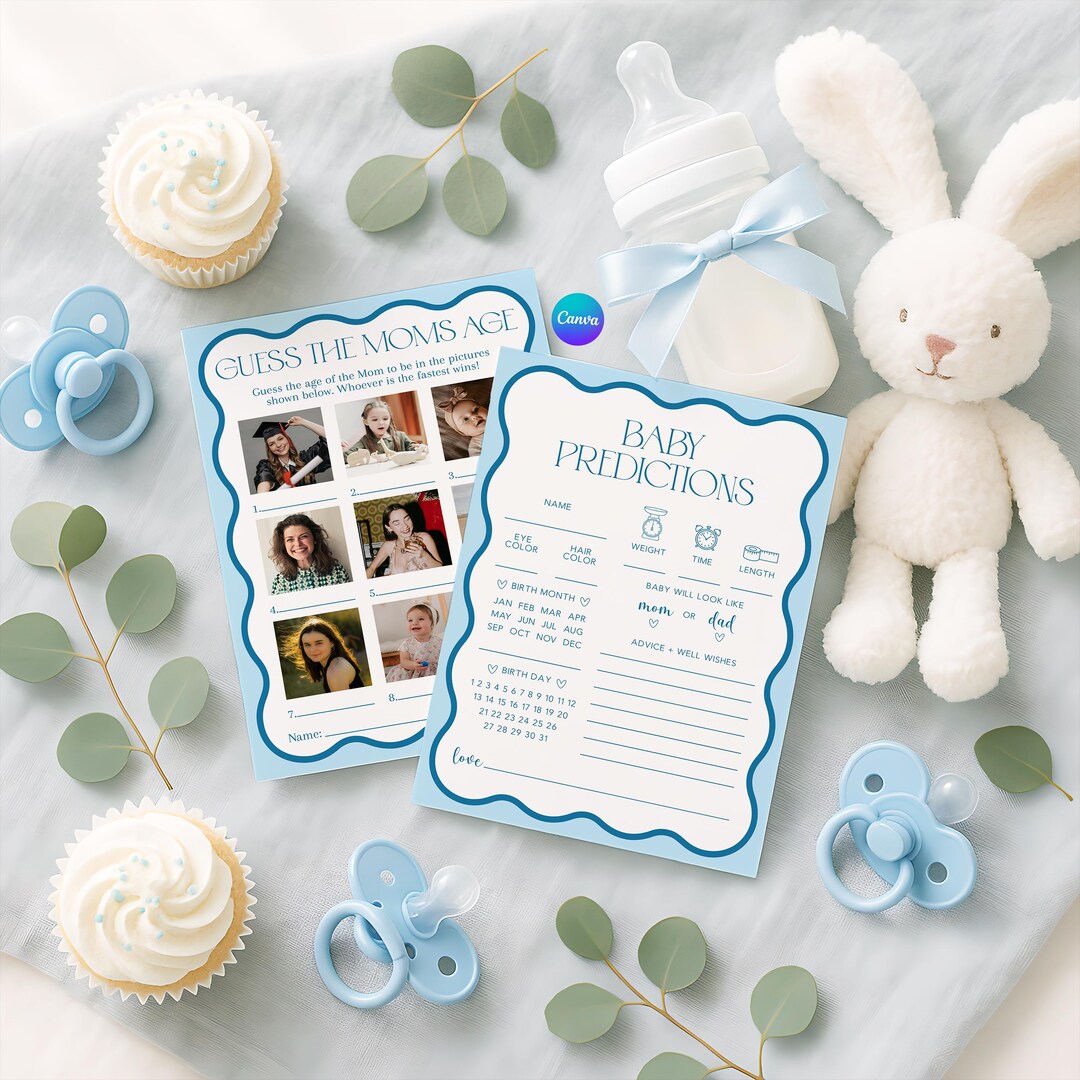 40 Blue Baby Shower Games Bundle – Editable Wavy Retro Printable Canva ...