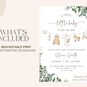 Gender Neutral Baby Shower Invitation, Canva Baby Clothes Baby Shower Editable Template, Baby Brunch Neutral Eucalyptus Printable Invite image 3