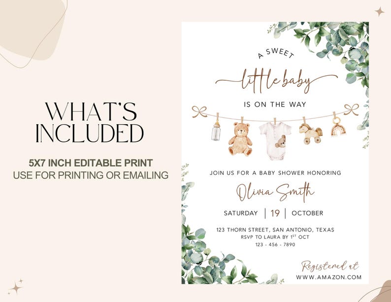 Gender Neutral Baby Shower Invitation, Canva Baby Clothes Baby Shower Editable Template, Baby Brunch Neutral Eucalyptus Printable Invite image 3