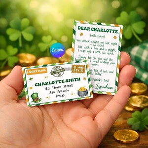 May include: Two St. Patrick's Day cards are held in a hand. One card is addressed to Charlotte Smith, with a leprechaun hat and pot of gold illustration. The other card is a handwritten note to Charlotte. Both cards have green and orange borders.