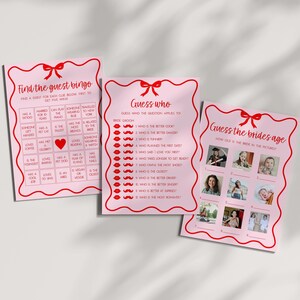 40 jogos para chá de panela com laço ondulado rosa e vermelho, conjunto de jogos para despedida de solteira, jogos divertidos para despedida de solteira editáveis e imprimíveis, jogo de fotos para adivinhar a idade