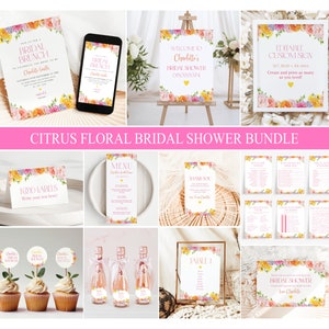 Zitrusblumen-Brautdusche-Bundle, Zitrus-Brautduschespiele, Zitrus-Bearbeitbares druckbares Brautdusche-Dekor, Zitrus-Haupt-Squeeze-Einladung