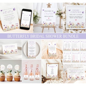 Lifetime Of Butterflies Bridal Shower Bundle, Purple Editable Butterfly Bridal Shower Invitation, Butterfly Wildflower Spring Bridal Shower