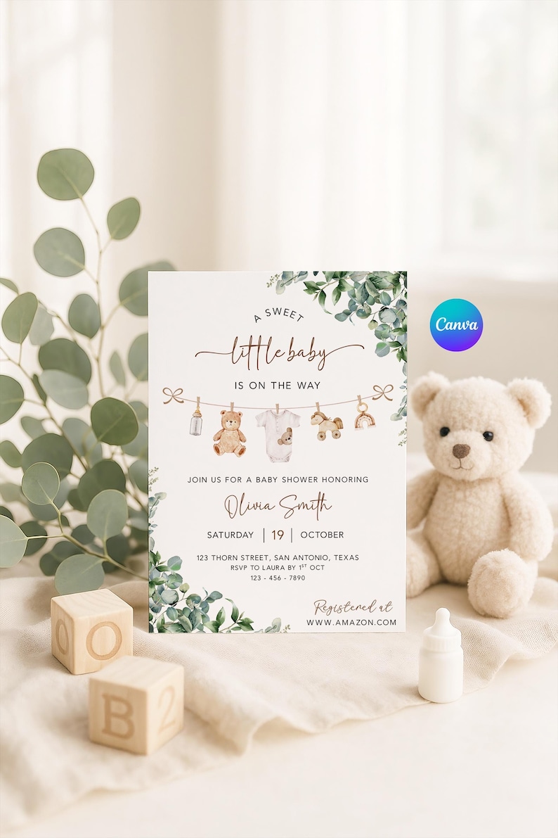 Gender Neutral Baby Shower Invitation, Canva Baby Clothes Baby Shower Editable Template, Baby Brunch Neutral Eucalyptus Printable Invite image 1
