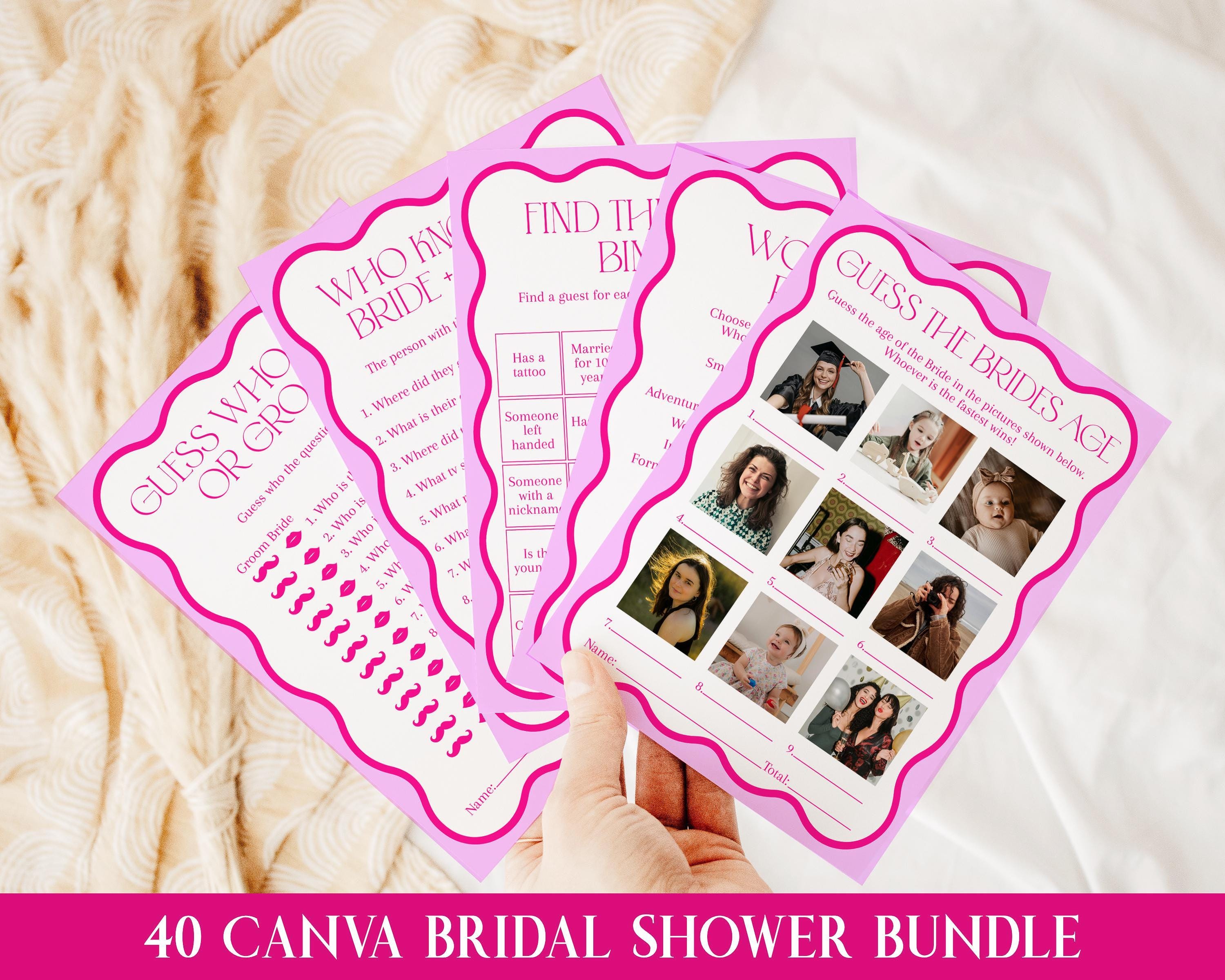 40 Bridal Shower Games Bundle, Canva Pink Bridal Shower Games, Editable Printable Wavy Bridal Game, Bachelorette Games, Hen Party Retro Game