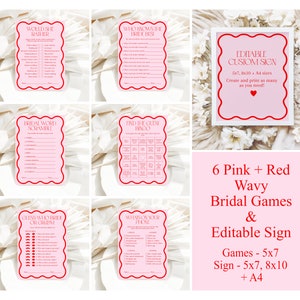 6 Pink And Red Wavy Bridal Shower Games And Sign, Editable Printable Wavy Bridal Games, Wavy Editable Sign, Pink And Red Bridal Games