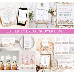 Lifetime Of Butterflies Bridal Shower Bundle, Pink Editable Butterfly Bridal Shower Invitation, Butterfly Wildflower Spring Bridal Shower