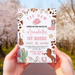 First Rodeo Girl Birthday Invitation, Cowgirl Western Printable Invitation, Editable 1st Birthday Invitation, Pink Birthday Party Invitation