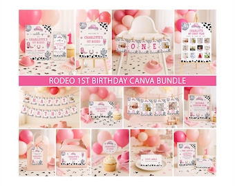 Cowgirl 1st Birthday Canva Party Bundle – Editable Pink Rodeo Theme Printable Invitation Set
