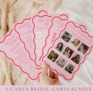 6 Jogos para Chá de Panela com Ondas Rosa e Vermelhas no Canva, Jogos Editáveis e Imprimíveis com Tema de Ondas para Chá de Panela, Jogos para Despedida de Solteira, Jogos para Festa de Aposentadoria, Jogos para Chá de Panela