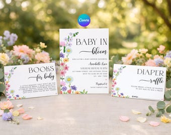 Baby In Bloom Baby Shower Invitation Canva Bundle – Editable Printable Wildflower Spring Baby Invite Set