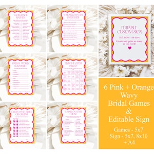 6 jeux de douche nuptiale ondulés roses et orange et signe, jeux de mariée ondulés imprimables modifiables, signe ondulé modifiable, jeux de mariée rose et orange