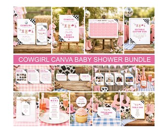 Cowgirl Rodeo Canva Baby Shower Bundle, Pink Printable Digital Download