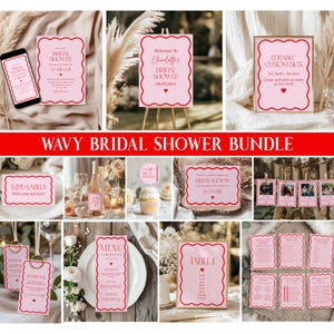 Pink And Red Wavy Bridal Shower Bundle, Editable Printable Wavy Bridal Games, Bridal Shower Decor, Pink Wavy Bachelorette Shower Invitation