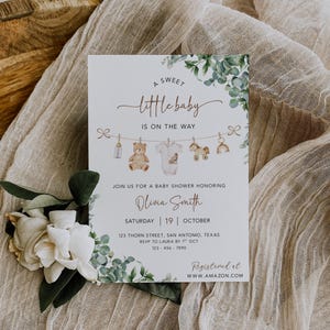 Gender Neutral Baby Shower Invitation, Canva Baby Clothes Baby Shower Editable Template, Baby Brunch Neutral Eucalyptus Printable Invite image 8