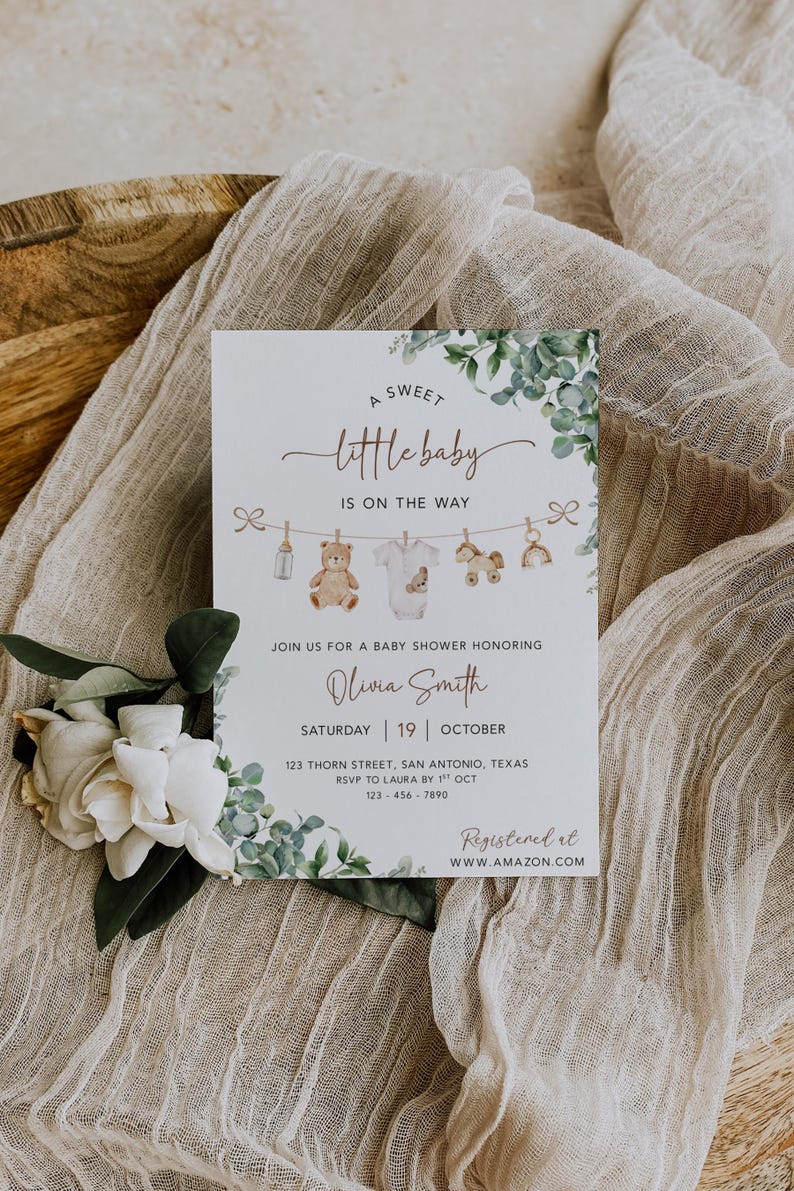 Gender Neutral Baby Shower Invitation, Canva Baby Clothes Baby Shower Editable Template, Baby Brunch Neutral Eucalyptus Printable Invite image 8
