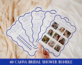 40 Bridal Shower Games Bundle Canva, Blue Bridal Brunch Games, Editable Printable Wavy Bridal Games, Bachelorette Games, Hen Party Games