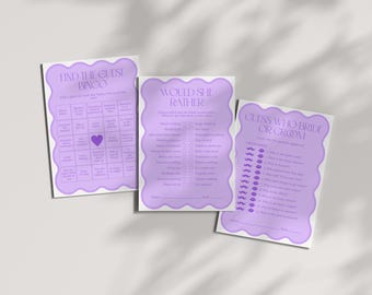 40 Bridal Shower Games Bundle, Purple Bridal Shower Games, Editable Printable Wavy Bridal Games, Bachelorette Games, Hen Party Games