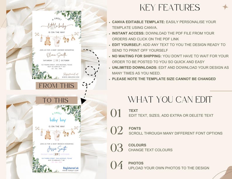 Gender Neutral Baby Shower Invitation, Canva Baby Clothes Baby Shower Editable Template, Baby Brunch Neutral Eucalyptus Printable Invite image 2