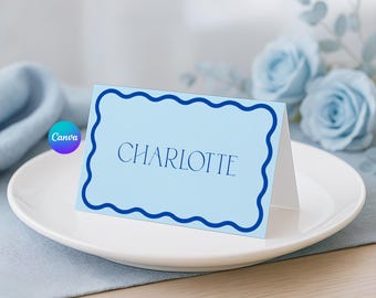 Wavy Border Canva Name Cards, Printable Blue Dinner Name Cards, Editable Wavy Place Cards, Baby Boy Shower Name Templates