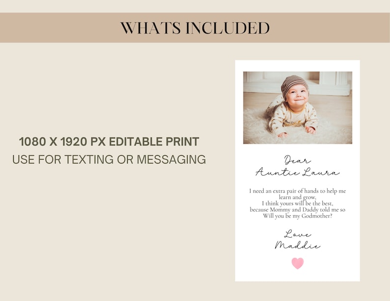 Will You Be My Godmother Proposal Phone Card,Editable Godmother Card,Godparent Proposal, Digital Download,Baptism Proposal Card image 4