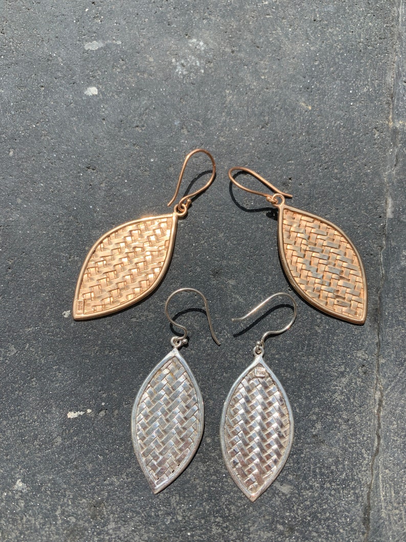 Best Gift Long Distance Unique Gift Natural Earrings Set EARING LEAF ANYAMAN silver with rose gold plaited from Bali Silver Earrings
