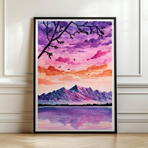 Acquerello originale "Bagliore di montagna al tramonto" – Paesaggio ispirato alla natura | Varie dimensioni e formati A5, A4, A3, stampa artistica Phantasy Blue Poster