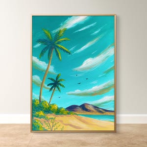 Stampa artistica a guazzo tropicale - Illustrazione di una spiaggia con palme, stampa murale ispirata a Lanzarote, poster con cielo azzurro, stampa artistica