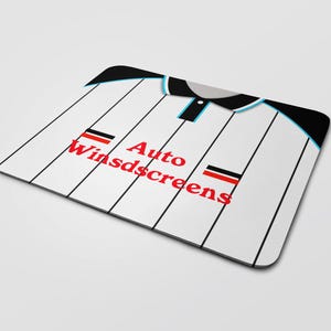 May include: White and black striped mouse mat with a black and white polo shirt design. The text "Auto Windscreens" is printed in red on the mouse mat.