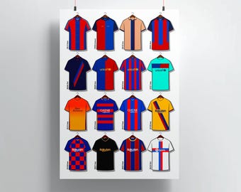 Classic Barcelona Shirts Print, Retro FC Barcelona Kit History Wall Art, Camp Nou Football Poster, Barça Fan Gift