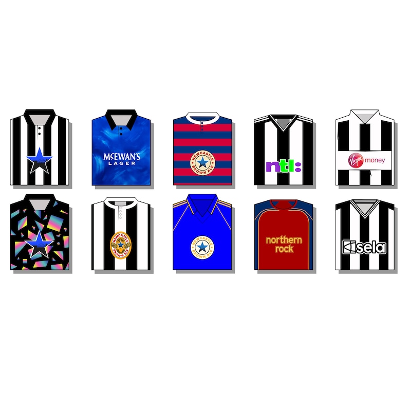 Peut inclure: Une collection de dix maillots de football ray&eacute;s noir et blanc avec diff&eacute;rents sponsors, dont "McEwans Lager", "nTL", "Virgin money", "Northern Rock" et "Kisala".