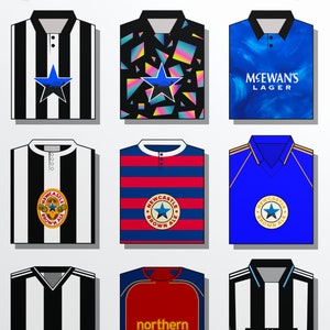 Może przedstawiać: Dziewięć r&oacute;żnych koszulek piłkarskich, w tym koszulki w czarno-białe pasy z gwiazdą i logo Newcastle Brown Ale, koszula niebieska z napisem "McEwans Lager", koszula w czerwono-niebieskie pasy z logo Newcastle Brown Ale oraz koszula czerwona z napisem "northern".