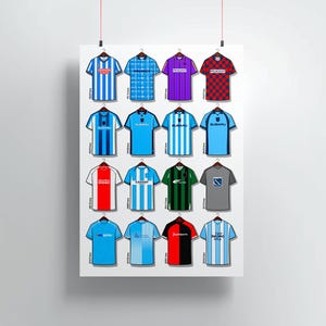 Classic Coventry City Shirts Print, Retro Coventry Kit History Wall Art, Highfield Road Football Poster, Sky Blues Gift