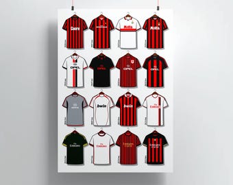 Classic AC Milan Shirts Print, Retro AC Milan Kit History Wall Art, San Siro Football Poster, Rossoneri Fan Gift