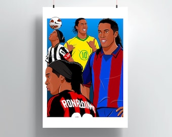 Könnte beinhalten: Eine digitale Illustration von vier Fußballspielern. Die Spieler tragen verschiedene Trikots, darunter ein grünes Trikot mit der Nummer 10, ein schwarz-weißes Trikot, ein rot-blaues Trikot und ein schwarz-rotes Trikot mit dem Namen "RONALDINHO" auf dem Rücken. Die Spieler schauen alle in verschiedene Richtungen. Der Hintergrund ist hellblau.