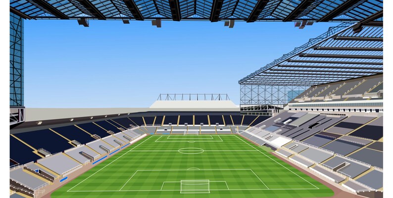 Op de afbeelding: Een luchtfoto van een groot, modern voetbalstadion met een groen veld en zwart-witte zitplaatsen. Het stadion heeft een intrekbaar dak.