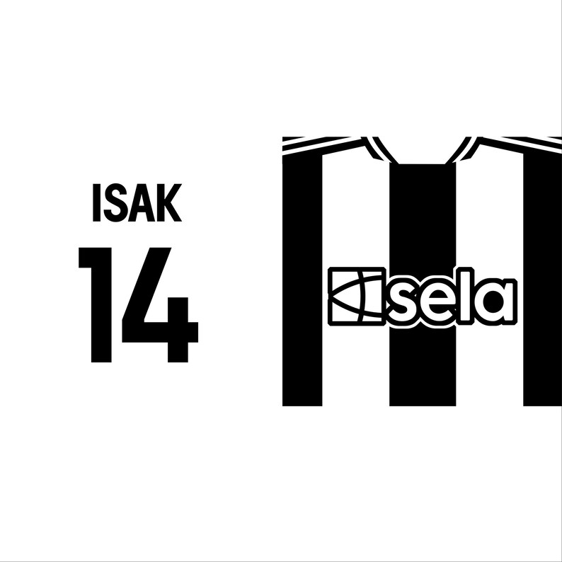 May include: Black and white soccer jersey with black and white vertical stripes. The jersey has a white collar and a black "Isela" logo on the front. The number "14" and the name "ISAK" are printed on the front of the jersey.
