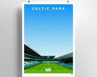 May include: A green and white illustration of Celtic Park, a soccer stadium in Glasgow, Scotland. The image shows the stadium from the field level, with the stands and the sky in the background. The text "CELTIC PARK" is at the top of the image.