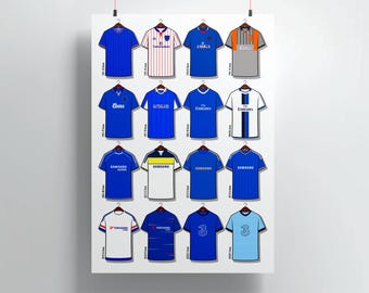 Classic Chelsea Shirts Print, Retro Chelsea Kit History Wall Art, Stamford Bridge Football Poster, Blues Fan Gift