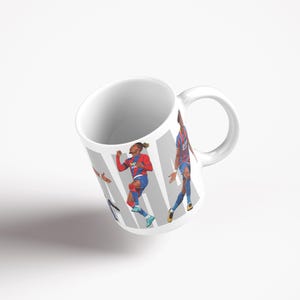 May include: White ceramic mug with a design of a footballer in red and blue kit. The word "PALACE" is printed in grey vertical stripes. The mug has a curved handle, perfect for tea or coffee.