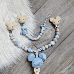 Schnullerkette personalisiert Junge MickeyMaus kinderwagenkette Babyparty blau beige