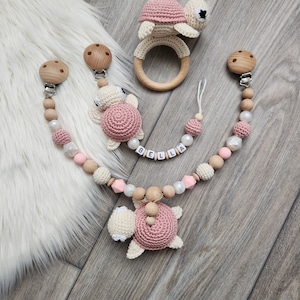 Schnullerkette Kinderwagenkette Set personalisierbar Name Babyparty Taufe Geschenk zur Geburt Schildkröte Mädchen