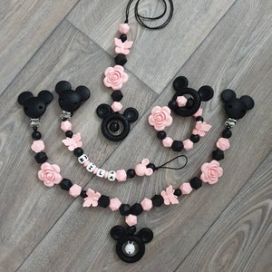 Schnullerkette Kinderwagenkette Set personalisiert wunschname  Mickey Maus babyshower Babyparty Taufe Geschenk  Geburt Taufe Mädchen
