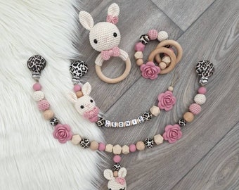 Schnullerkette Kinderwagenkette Set personalisiert Wunschname Hase Babyshower Leo Rassel Handmade zur Geburt Geschenk Mädchen Taufe