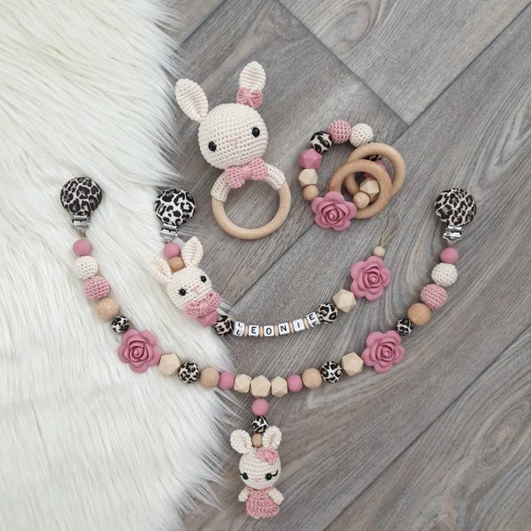 Schnullerkette Kinderwagenkette Set personalisiert Wunschname Hase Babyshower Leo Rassel Handmade zur Geburt Geschenk Mädchen Taufe