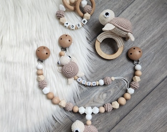 Schnullerkette Kinderwagenkette Set personalisierbar Name Babyparty Taufe Geschenk zur Geburt Schildkröte