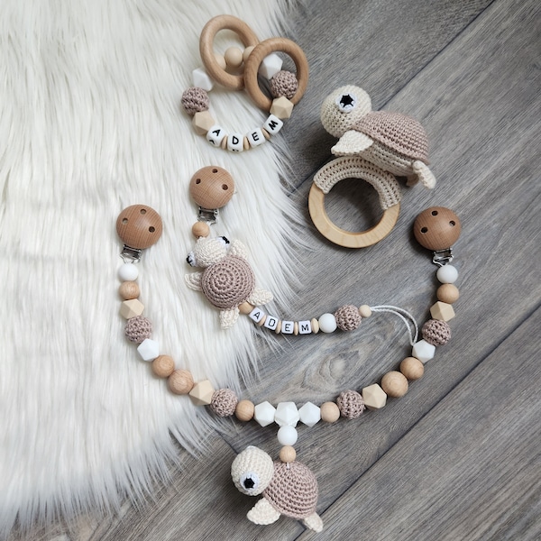 Schnullerkette Kinderwagenkette Set personalisierbar Name Babyparty Taufe Geschenk zur Geburt Schildkröte